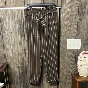 No Boundaries Brown and White Vertical Stripe Paperbag Waist Trousers
